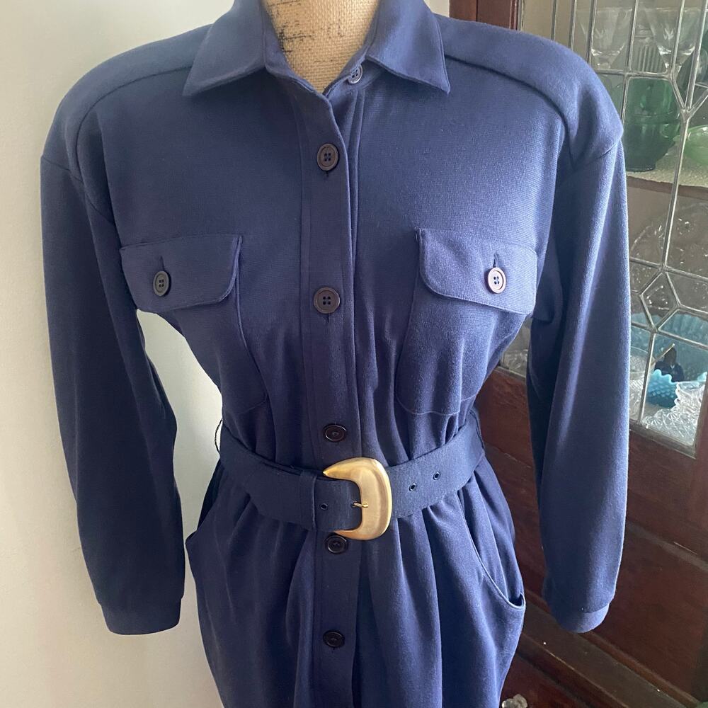 JB Wright LTD Navy Vintage Belted Midi Shirt Dress Size 6 Pockets Statement Work - Picture 7 of 17